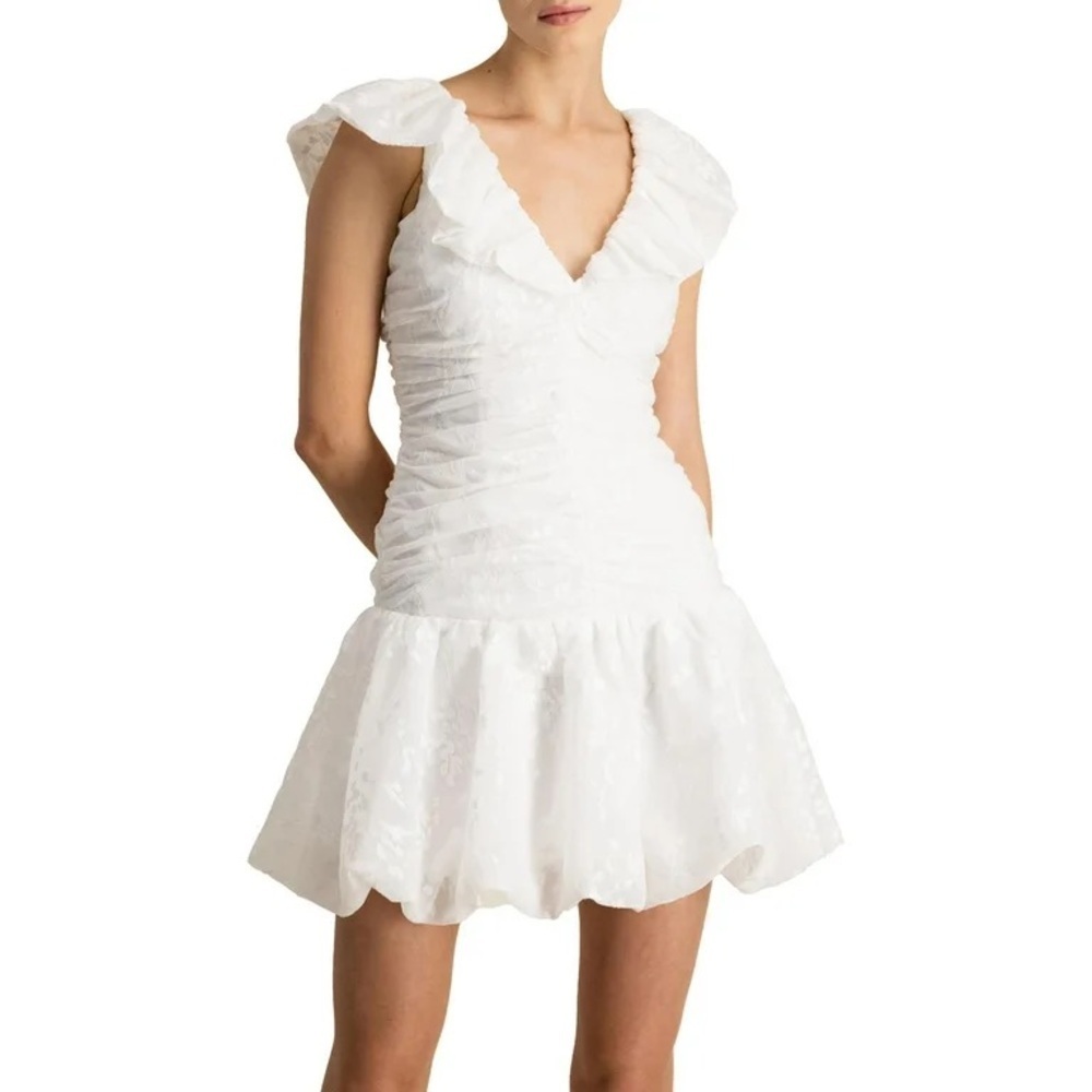 ML Monique Lhuillier Floral‎ Organza Mini Drop Waist Ruched Party Dress 8 White